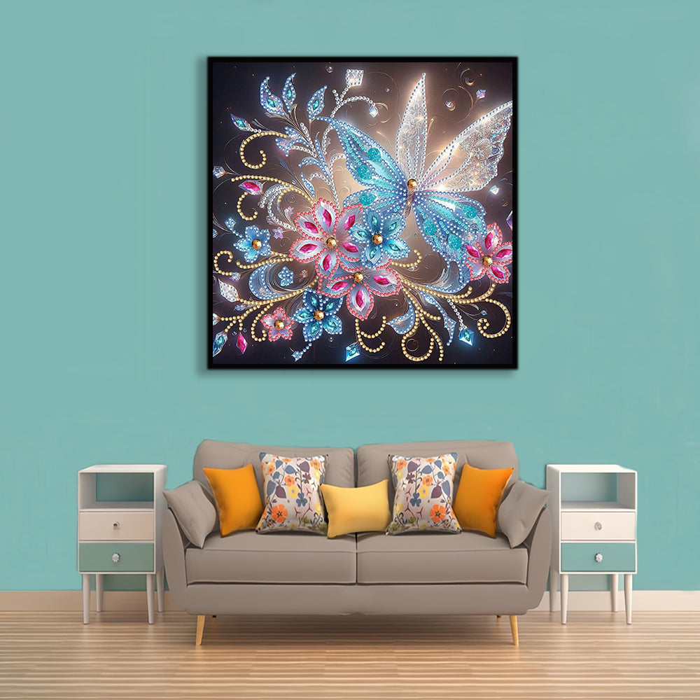 Transparent Weiß Blau Schmetterling und Blume Sonderform Diamond Painting