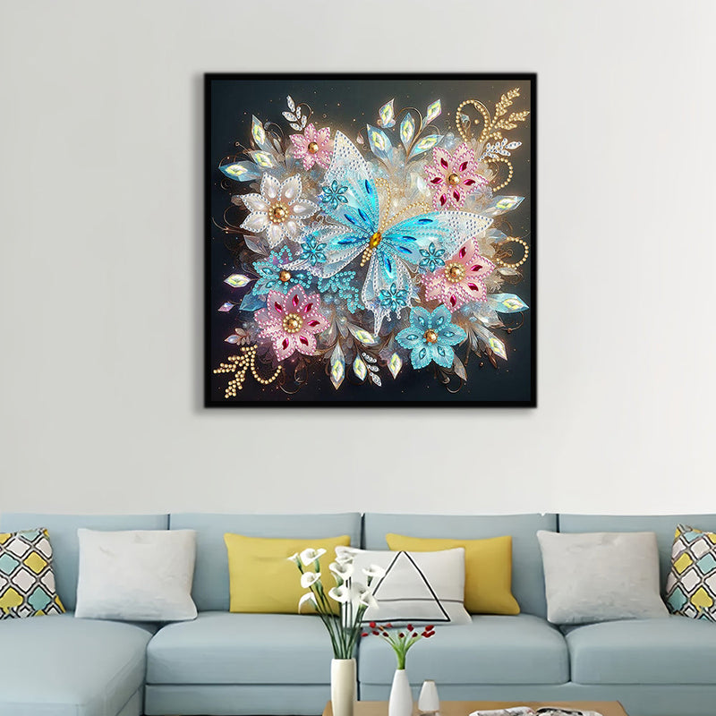 Eisblauer Schmetterling und Blume Sonderform Diamond Painting