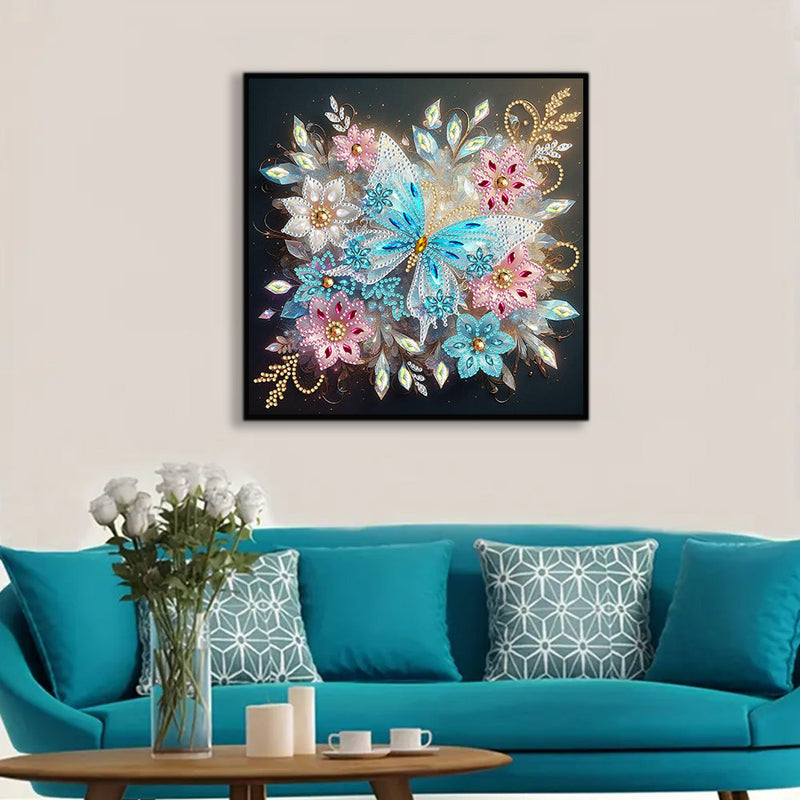 Eisblauer Schmetterling und Blume Sonderform Diamond Painting