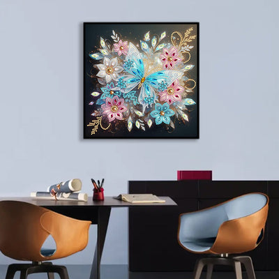 Eisblauer Schmetterling und Blume Sonderform Diamond Painting