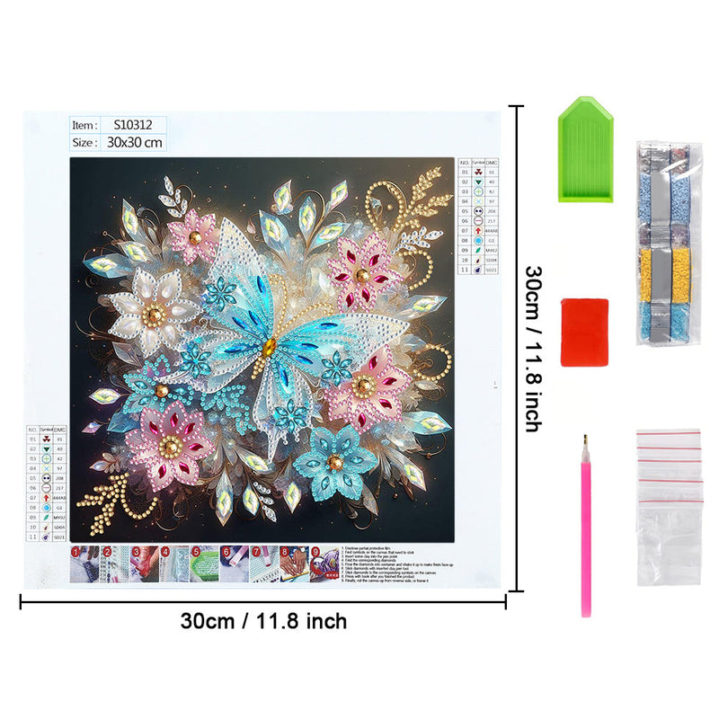 Eisblauer Schmetterling und Blume Sonderform Diamond Painting