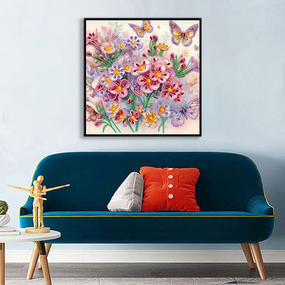 Rosa Lila Blumen und Schmetterling Sonderform Diamond Painting