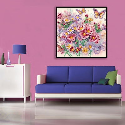 Rosa Lila Blumen und Schmetterling Sonderform Diamond Painting