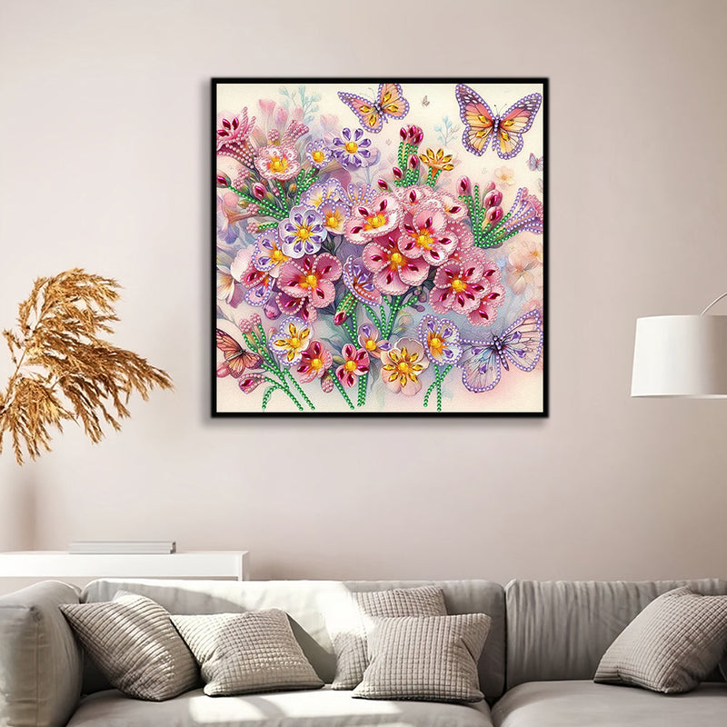 Rosa Lila Blumen und Schmetterling Sonderform Diamond Painting