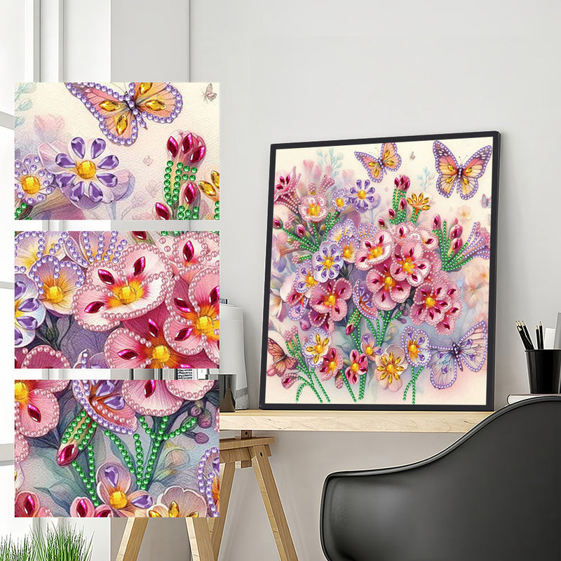 Rosa Lila Blumen und Schmetterling Sonderform Diamond Painting