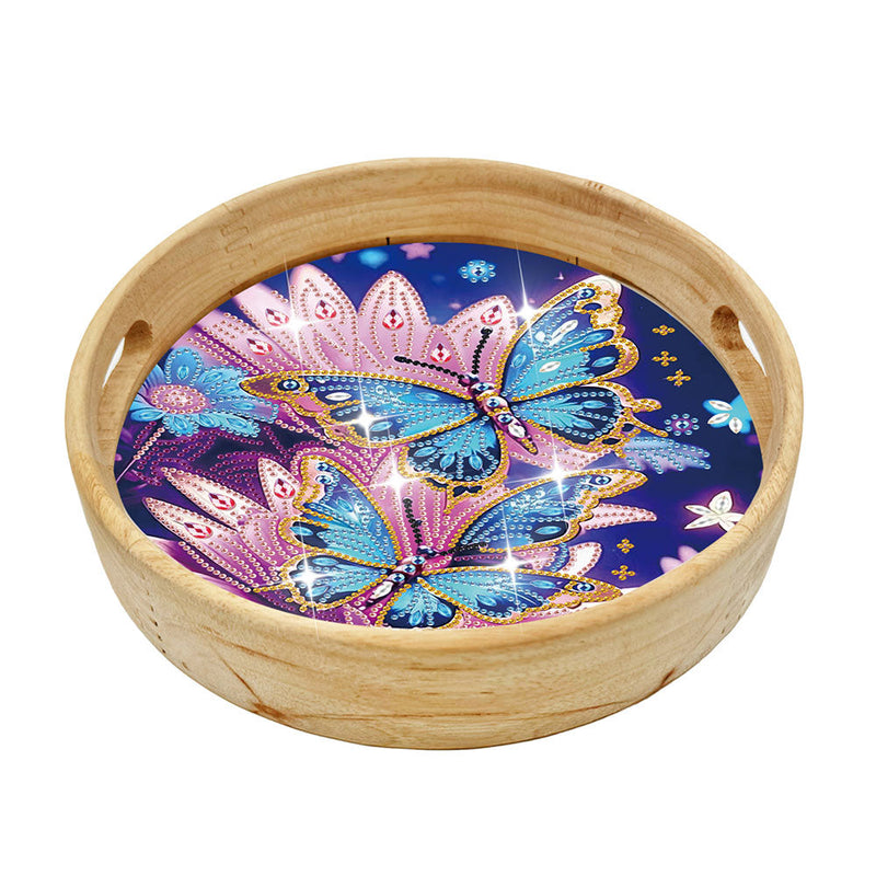 Blauer Schmetterling und Rosa Blumen Rundes Holz Serviertablett Diamond Painting