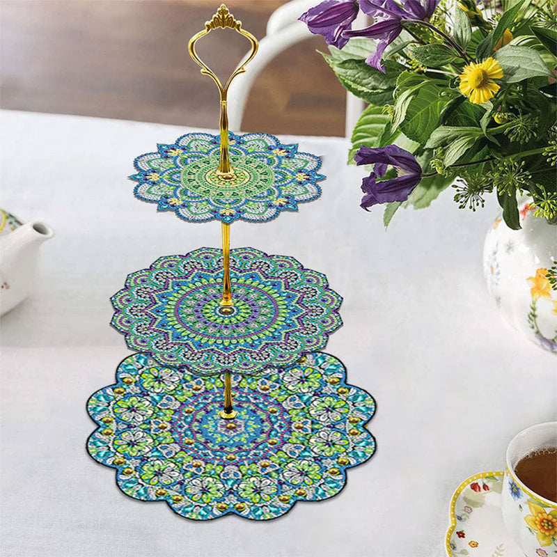 3-Stufig Grüne Blumen Mandala Acryl Serviertablett Diamond Painting