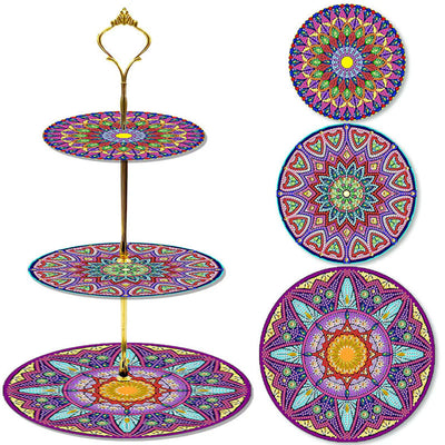 3-Stufig Lila Rotes Mandala Acryl Serviertablett Diamond Painting