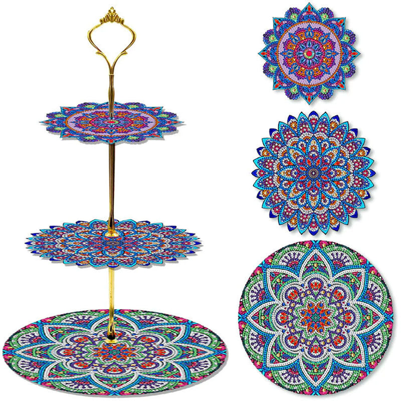 3-Stufig Wunderschönes blütenförmiges Mandala Acryl Serviertablett Diamond Painting