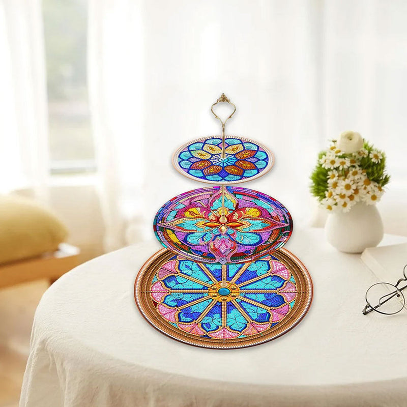 3-Stufig Bunte Blumen Mandala Acryl Serviertablett Diamond Painting