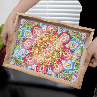 Rote und gelbe Blumen Mandala Holz Serviertablett Diamond Painting