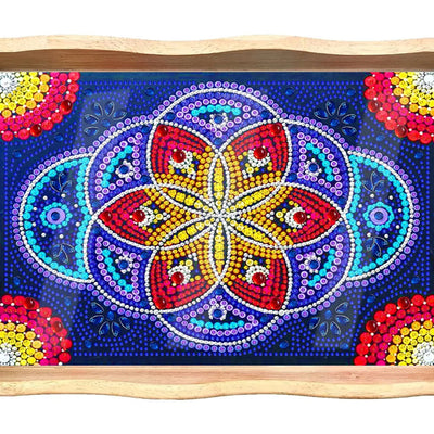 Blaue und rote Mandala Blumen Holz Serviertablett Diamond Painting