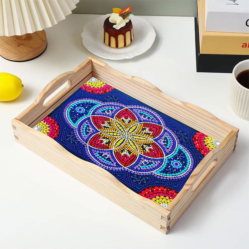 Blaue und rote Mandala Blumen Holz Serviertablett Diamond Painting