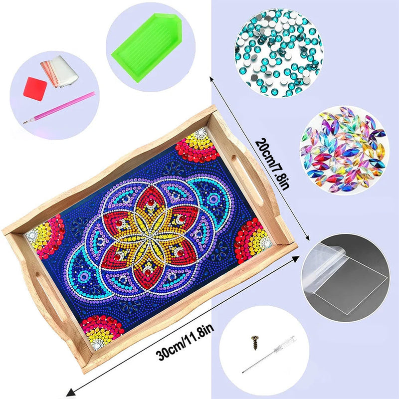 Blaue und rote Mandala Blumen Holz Serviertablett Diamond Painting