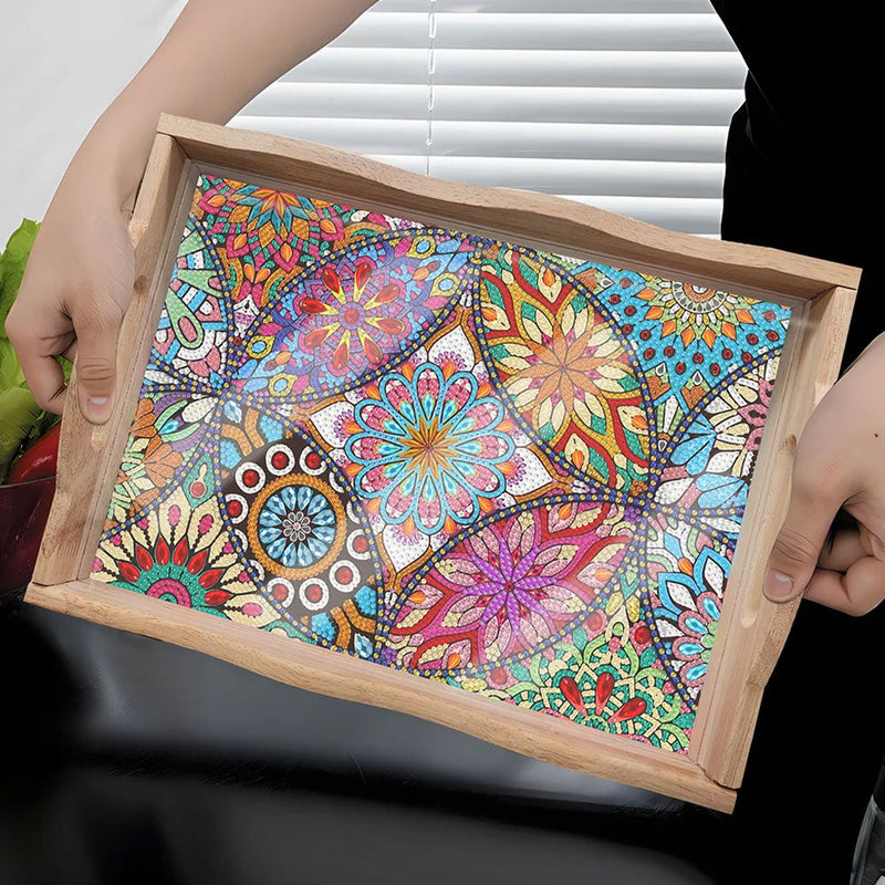 Komplizierte Blumen Mandala Holz Serviertablett Diamond Painting