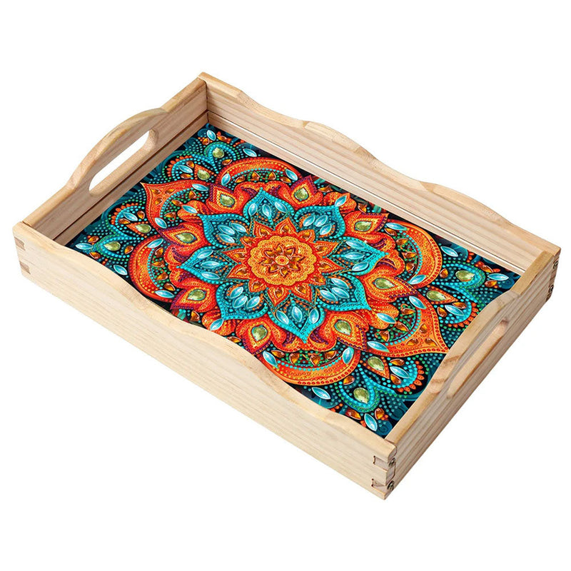 Orange und Grünes Mandala Holz Serviertablett Diamond Painting