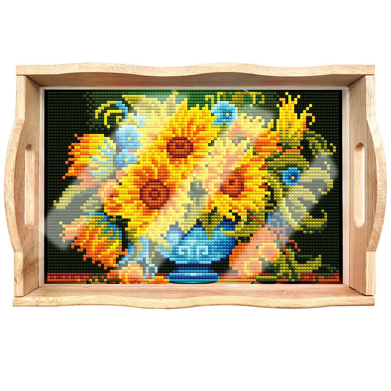 Sonnenblumen in blauer Vase Holz Serviertablett Diamond Painting