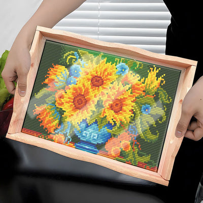 Sonnenblumen in blauer Vase Holz Serviertablett Diamond Painting