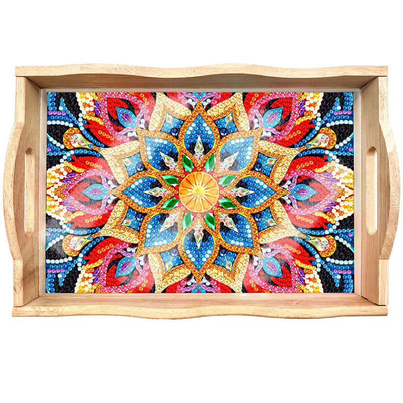 Rote und goldene Blumen Mandala Holz Serviertablett Diamond Painting