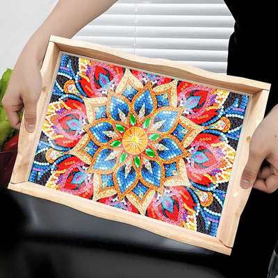 Rote und goldene Blumen Mandala Holz Serviertablett Diamond Painting