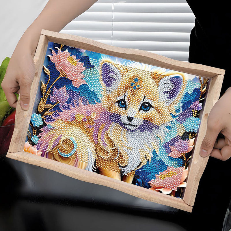 Kleine Katze und Blumen Holz Serviertablett Diamond Painting