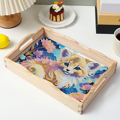 Kleine Katze und Blumen Holz Serviertablett Diamond Painting