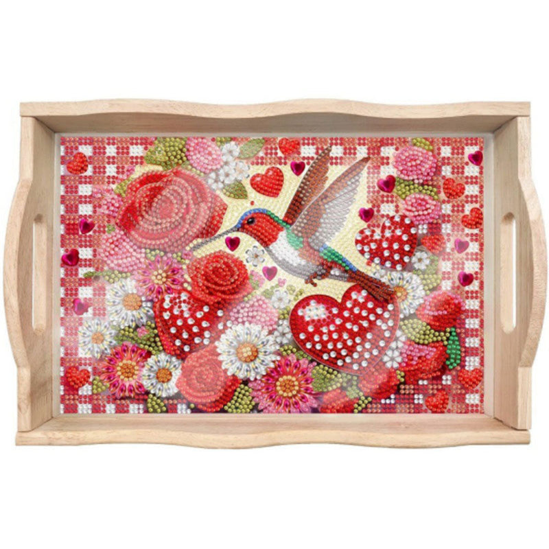 Kolibri und rote Rosenblüten Holz Serviertablett Diamond Painting