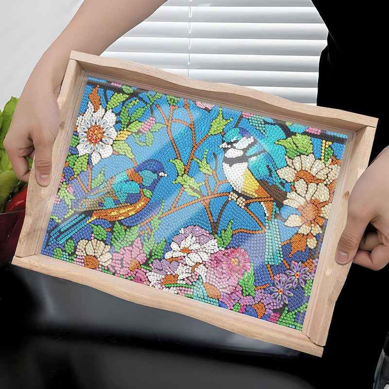 Vögel auf Blumenbaum Holz Serviertablett Diamond Painting