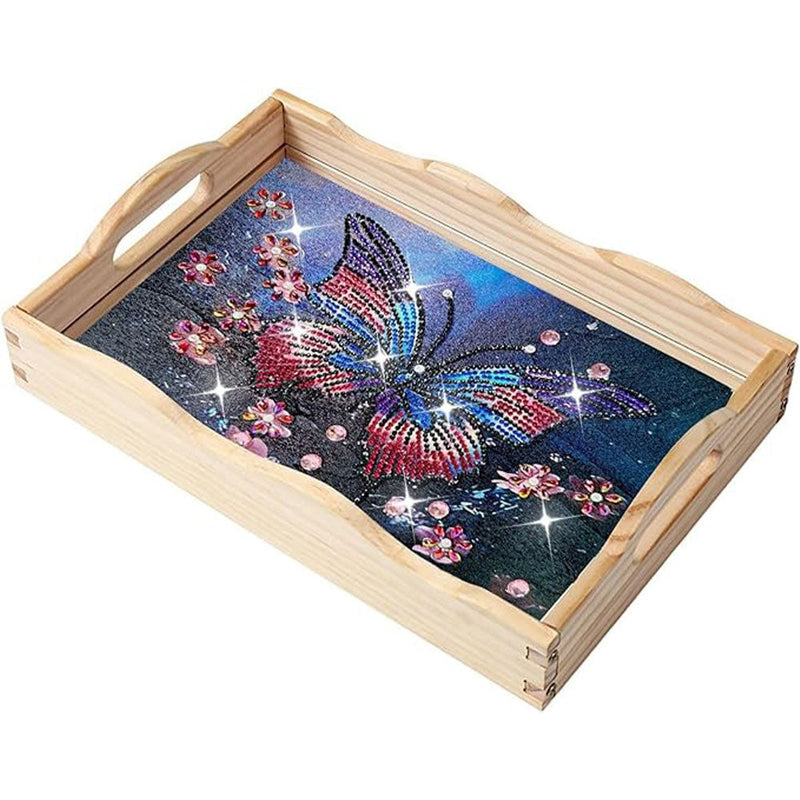 Leuchtend bunter Schmetterling Holz Serviertablett Diamond Painting