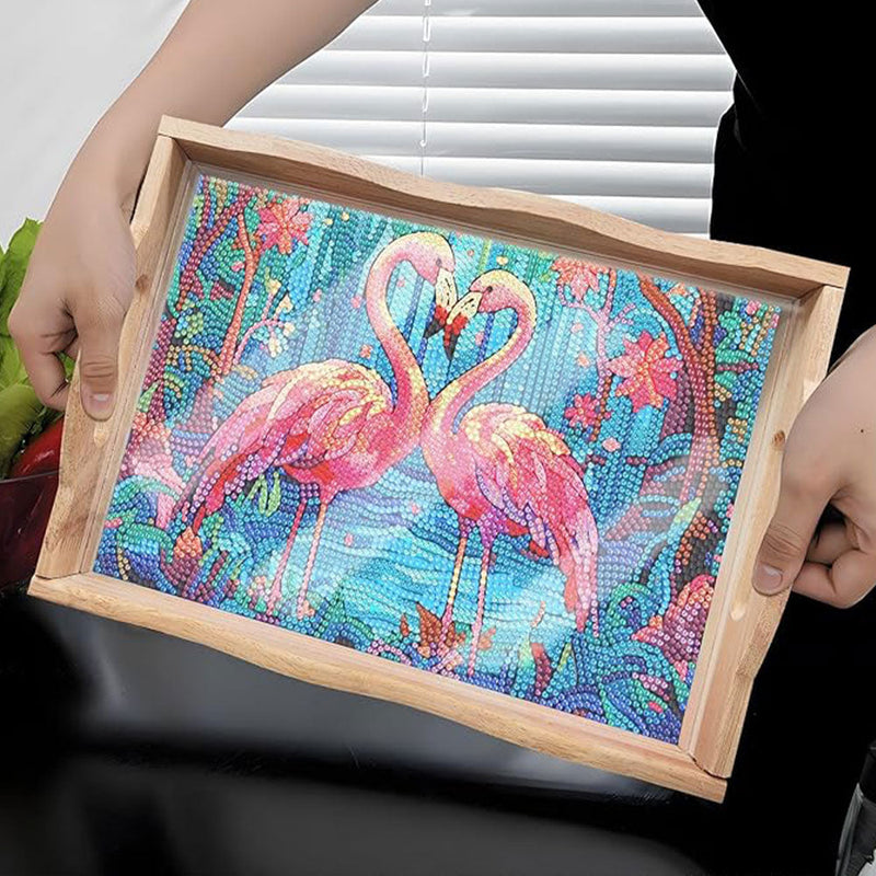 Flamingo Paar im Wald Holz Serviertablett Diamond Painting