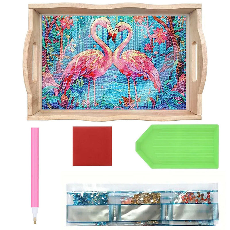 Flamingo Paar im Wald Holz Serviertablett Diamond Painting