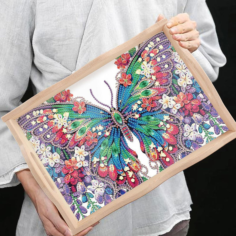 Grüne und lila Blumen Schmetterling Holz Serviertablett Diamond Painting