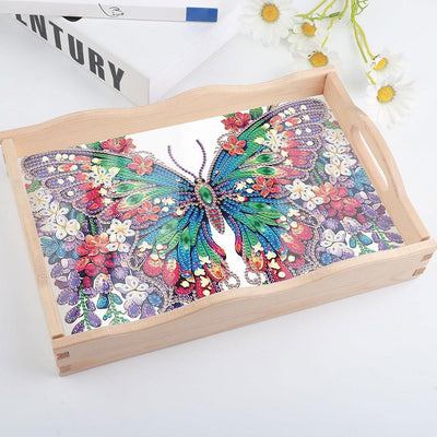 Grüne und lila Blumen Schmetterling Holz Serviertablett Diamond Painting