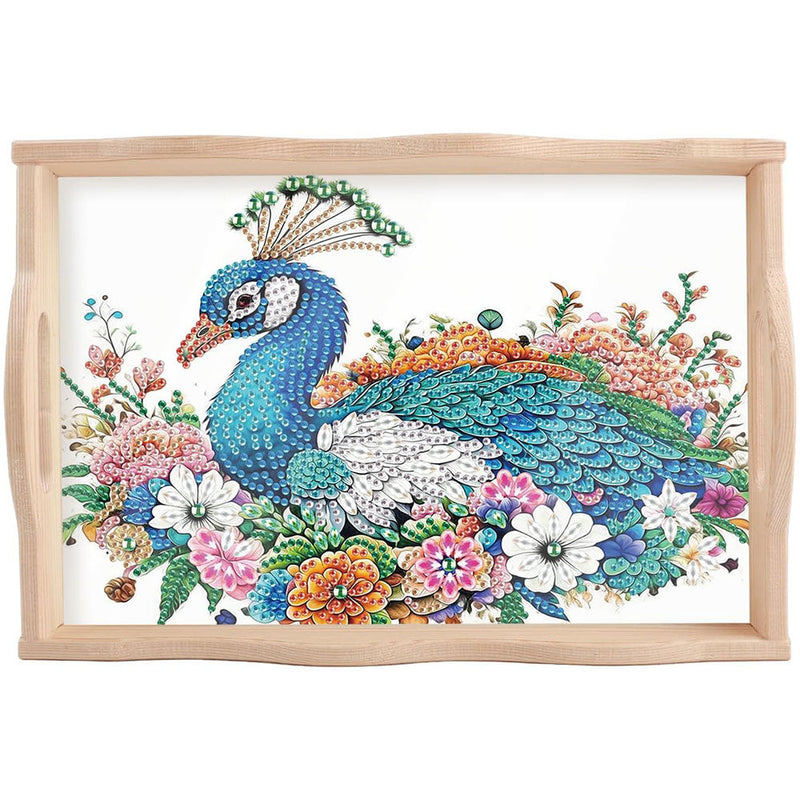 Pfau und bunte Blumen Holz Serviertablett Diamond Painting