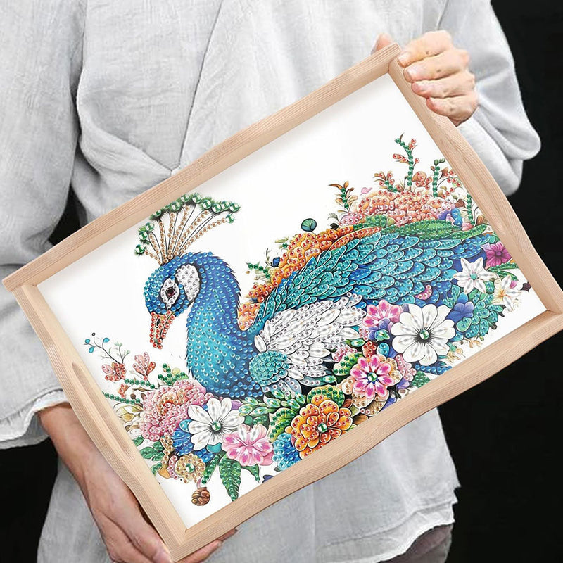 Pfau und bunte Blumen Holz Serviertablett Diamond Painting