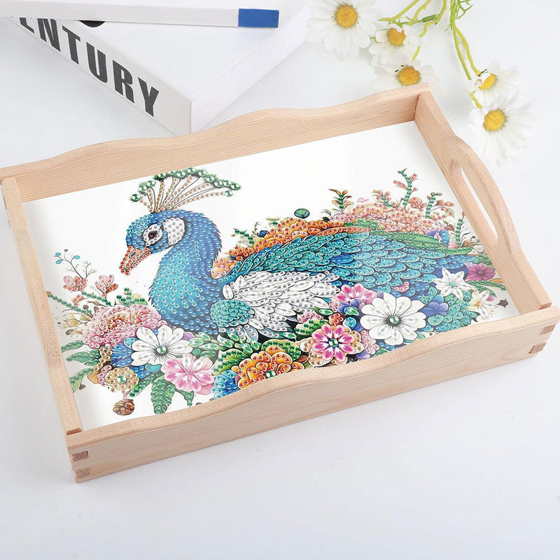 Pfau und bunte Blumen Holz Serviertablett Diamond Painting