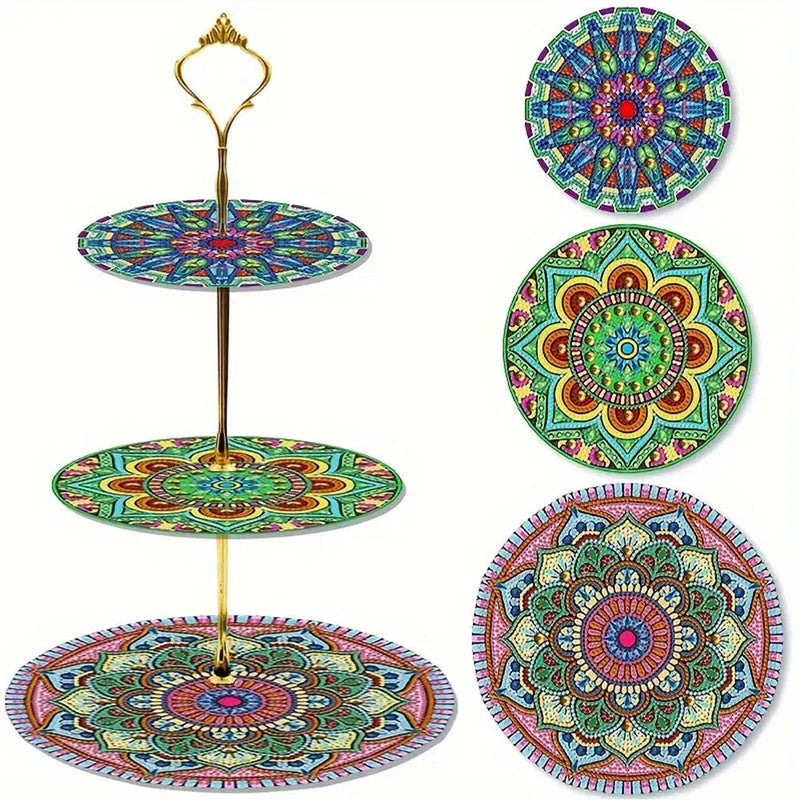 3-Stufig Grün Blaues Mandala Acryl Serviertablett Diamond Painting