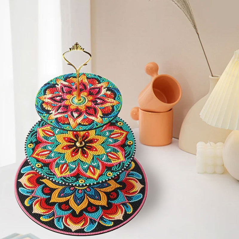 3-Stufig Grün Orange Blumen Mandala Acryl Serviertablett Diamond Painting