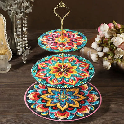 3-Stufig Grün Orange Blumen Mandala Acryl Serviertablett Diamond Painting