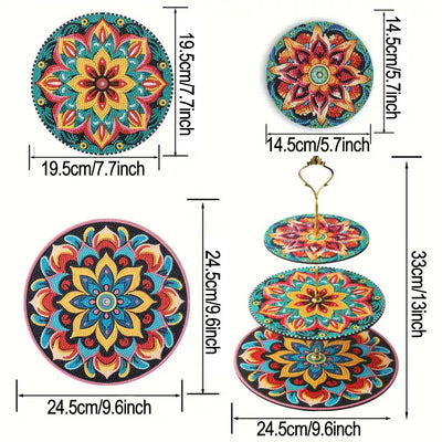 3-Stufig Grün Orange Blumen Mandala Acryl Serviertablett Diamond Painting