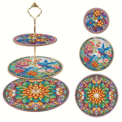 3-Stufig Buntes Mandala und Vogel Acryl Serviertablett Diamond Painting