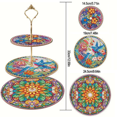 3-Stufig Buntes Mandala und Vogel Acryl Serviertablett Diamond Painting