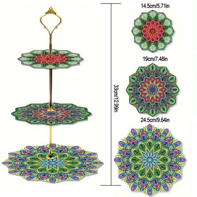 3-Stufig Grüne Blumen Mandala Acryl Serviertablett Diamond Painting