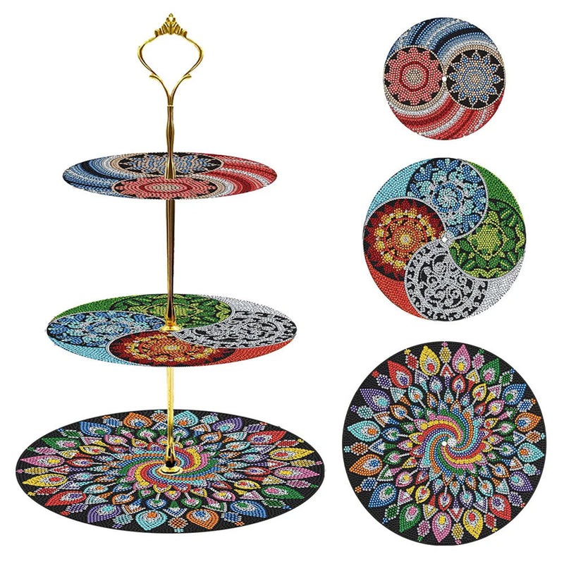 3-Stufig Buntes Spirales Mandala Acryl Serviertablett Diamond Painting