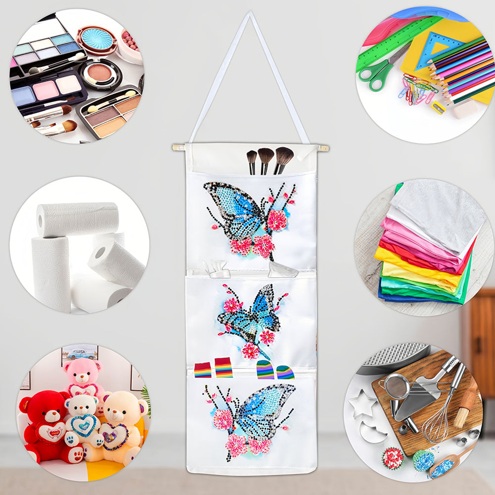 Blauer Schmetterling und Rote Blume Hängende Aufbewahrungstasche Diamond Painting