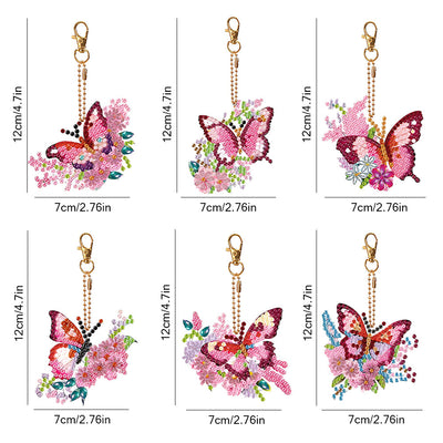 6Pcs Rosa Blumen und Schmetterling Acryl Doppelseitiger Schlüsselanhänger Diamond Painting