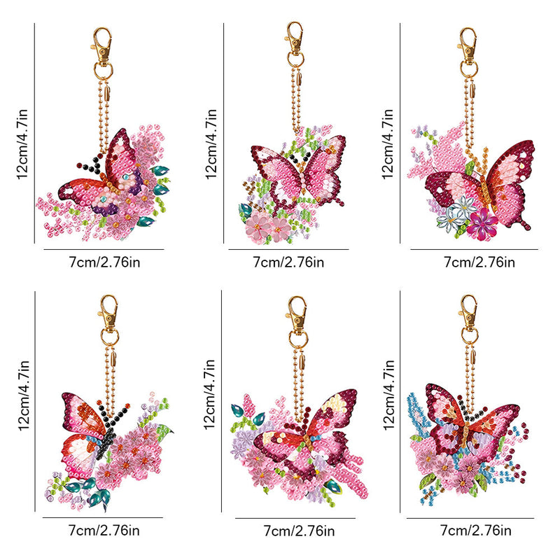 6Pcs Rosa Blumen und Schmetterling Acryl Doppelseitiger Schlüsselanhänger Diamond Painting