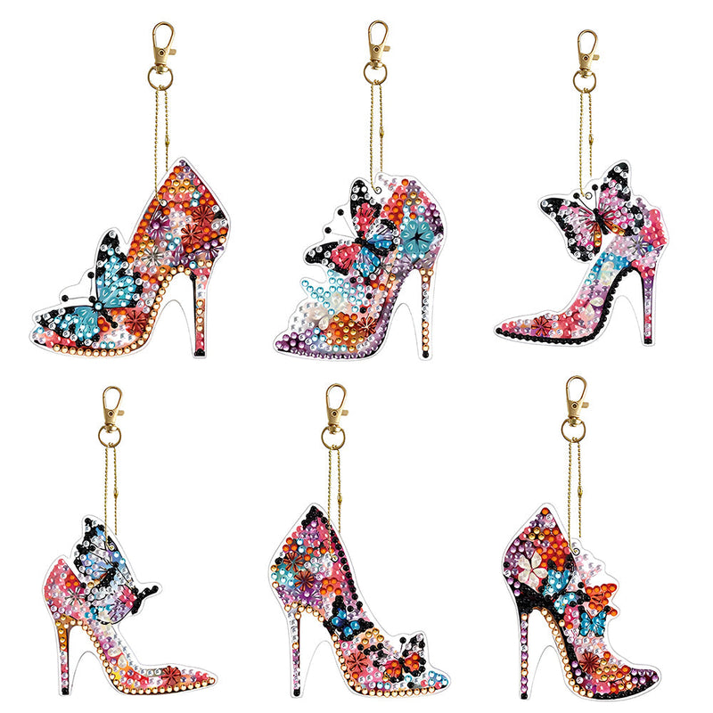 6Pcs Stylische Schmetterling High Heels Acryl Doppelseitiger Schlüsselanhänger Diamond Painting