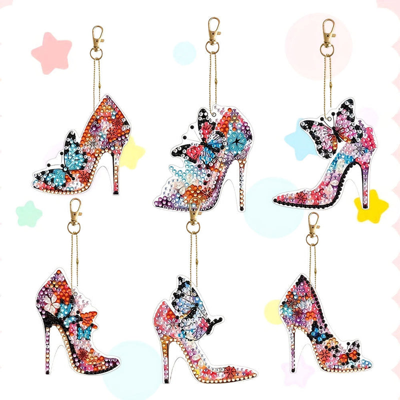 6Pcs Stylische Schmetterling High Heels Acryl Doppelseitiger Schlüsselanhänger Diamond Painting