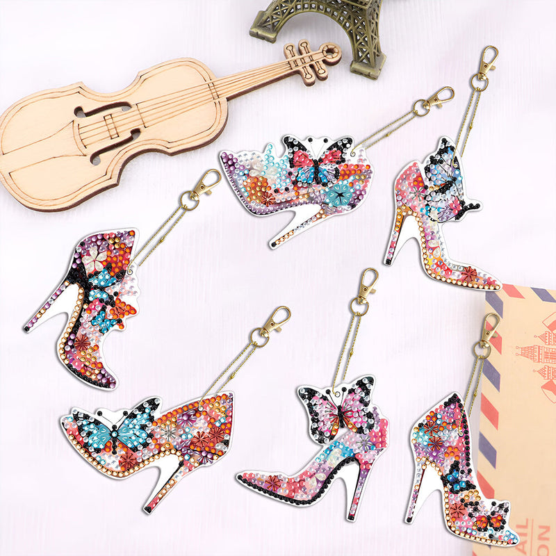 6Pcs Stylische Schmetterling High Heels Acryl Doppelseitiger Schlüsselanhänger Diamond Painting